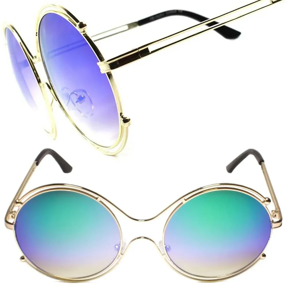 Upscale Gold Frame Green Mirror Lens Womens Designer Oversized Round Sunglasses